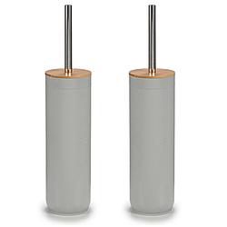 Foto van 2x stuks toiletborstels/wc-borstels met bamboe deksel - kunststof - lichtgrijs - toiletborstels