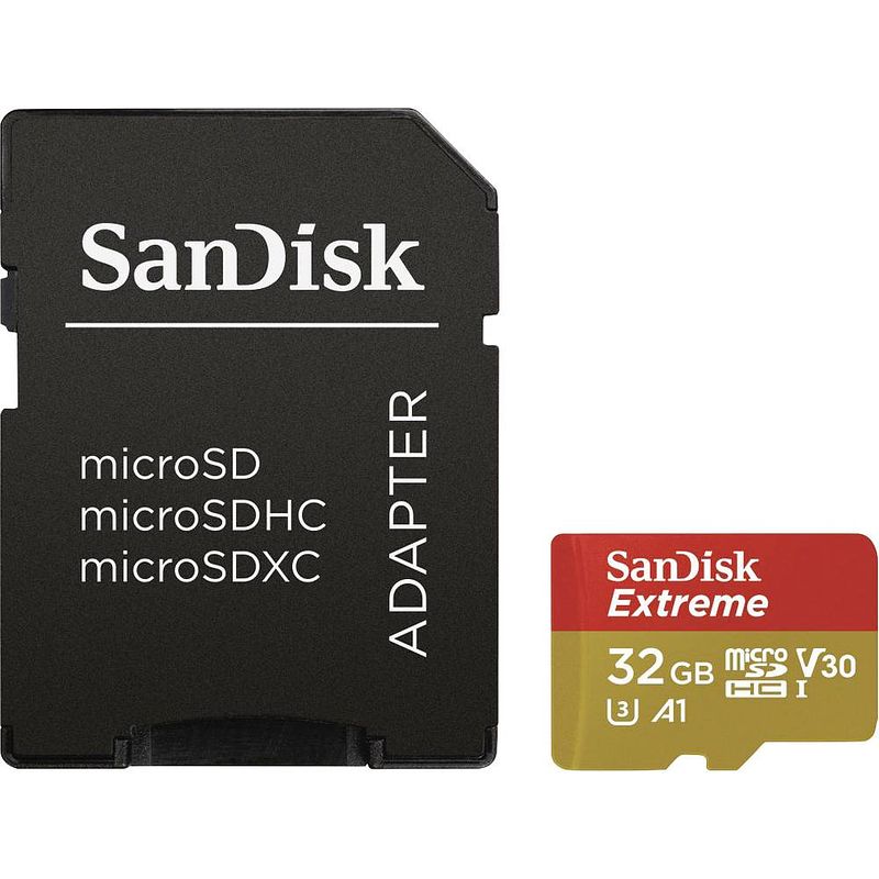 Foto van Sandisk extreme® action cam microsdhc-kaart 32 gb class 10, uhs-i, uhs-class 3, v30 video speed class incl. sd-adapter, a1-vermogensstandaard