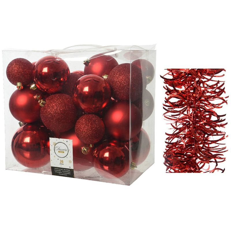 Foto van Kerstversiering kunststof kerstballen 6-8-10 cm met golf folieslingers pakket rood van 28x stuks - kerstbal