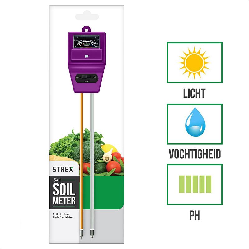 Foto van Strex ph meter grond - 3-in-1 ph / vochtigheidsmeter / lichtmeter - paars