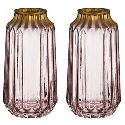 Foto van Bloemenvazen 2x stuks - luxe deco glas - roze transparant/goud - 13 x 23 cm - vazen