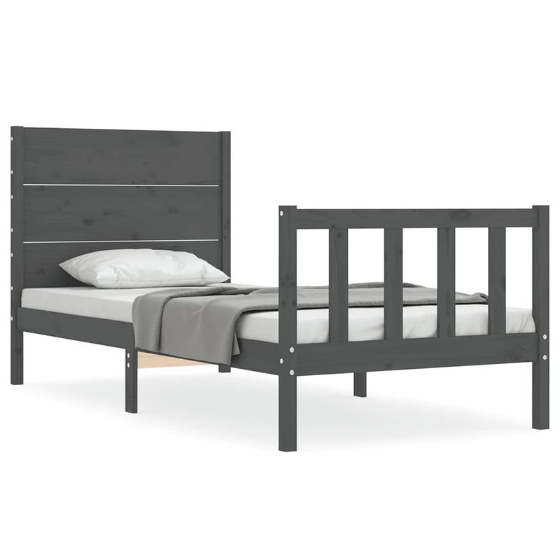 Foto van The living store bedframe - massief grenenhout - grijs - 205.5 x 95.5 x 100 cm - multiplex lattenbodem