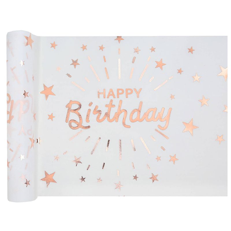 Foto van Tafelloper op rol - happy birthday tekst - wit/rose goud - 30 x 500 cm - polyester - feesttafelkleden