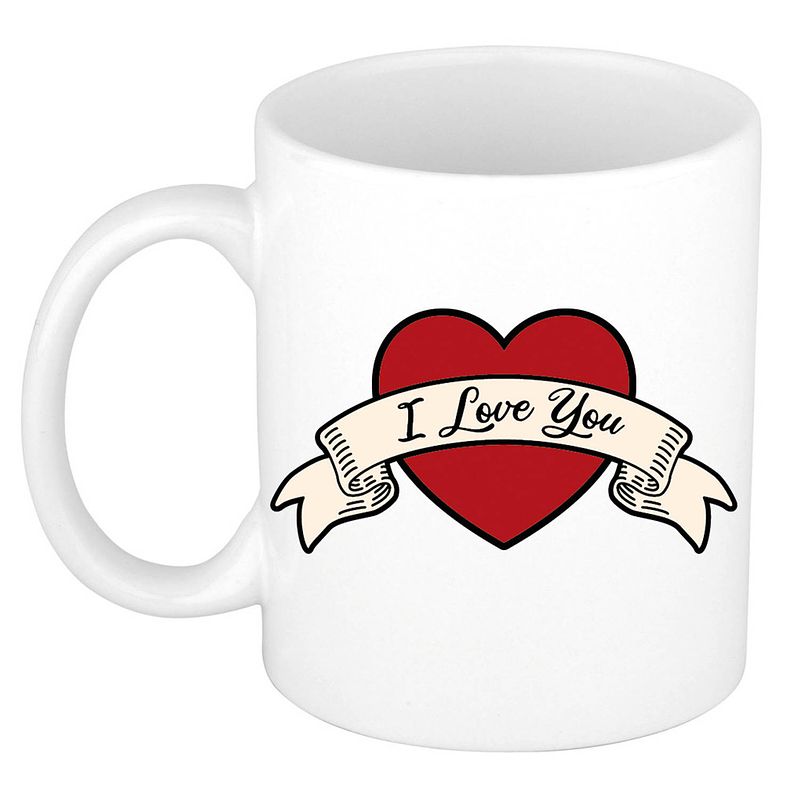 Foto van I love you cadeau mok / beker wit met hartje en banner 300 ml - feest mokken