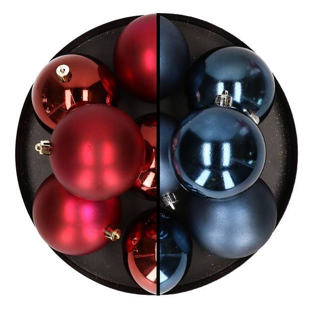 Foto van 12x stuks kunststof kerstballen 8 cm mix van donkerrood en donkerblauw - kerstbal