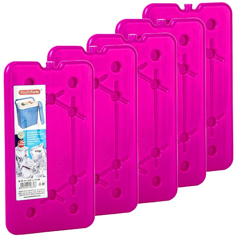 Foto van Plasticforte koelelementen 450 gram - 5x - 14 x 25 x 1 cm - roze - voor koelbox en koeltas - koelelementen