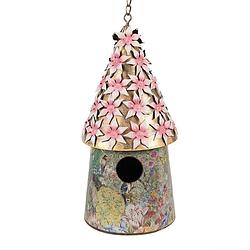 Foto van Clayre & eef vogelhuis ø 17x33/70 cm roze ijzer rond vogelhuisje hangend roze vogelhuisje hangend