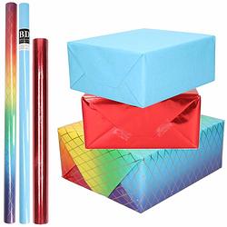 Foto van 6x rollen kraft inpakpapier regenboog pakket - regenboog/metallic rood/blauw 200 x 70/50 cm - cadeaupapier