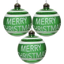 Foto van 3x groene glazen kerstballen merry christmas 8 cm - kerstbal