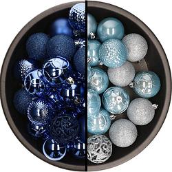 Foto van Kunststof kerstballen 74x stuks kobalt blauw en lichtblauw 6 cm - kerstbal