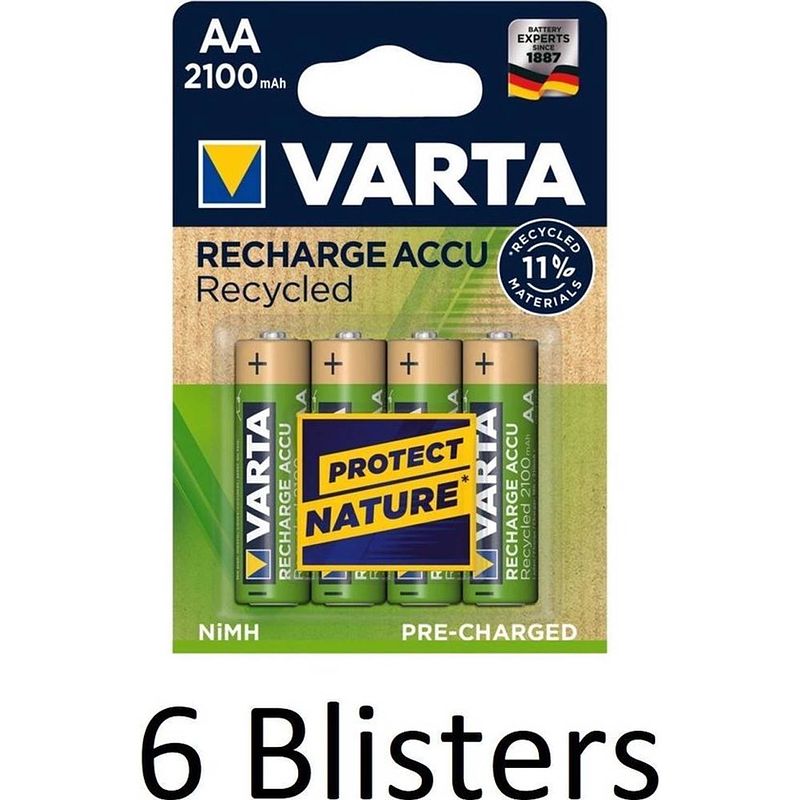 Foto van 24 stuks (6 blisters a 4 st) varta recycled aa oplaadbare batterijen - 2100 mah