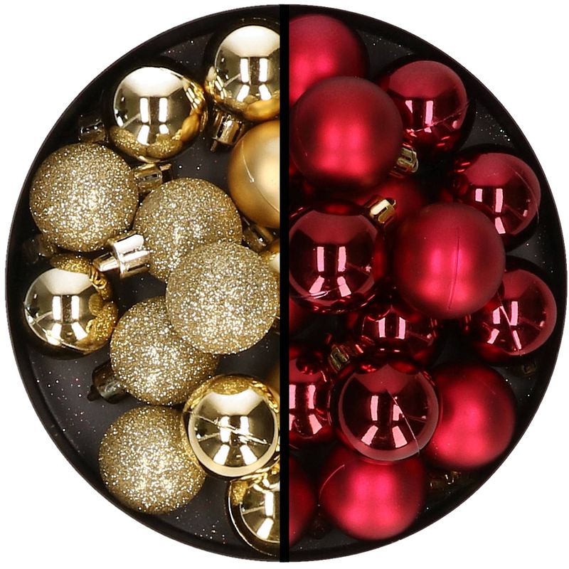 Foto van 36x stuks kunststof kerstballen goud en donkerrood 3 en 4 cm - kerstbal