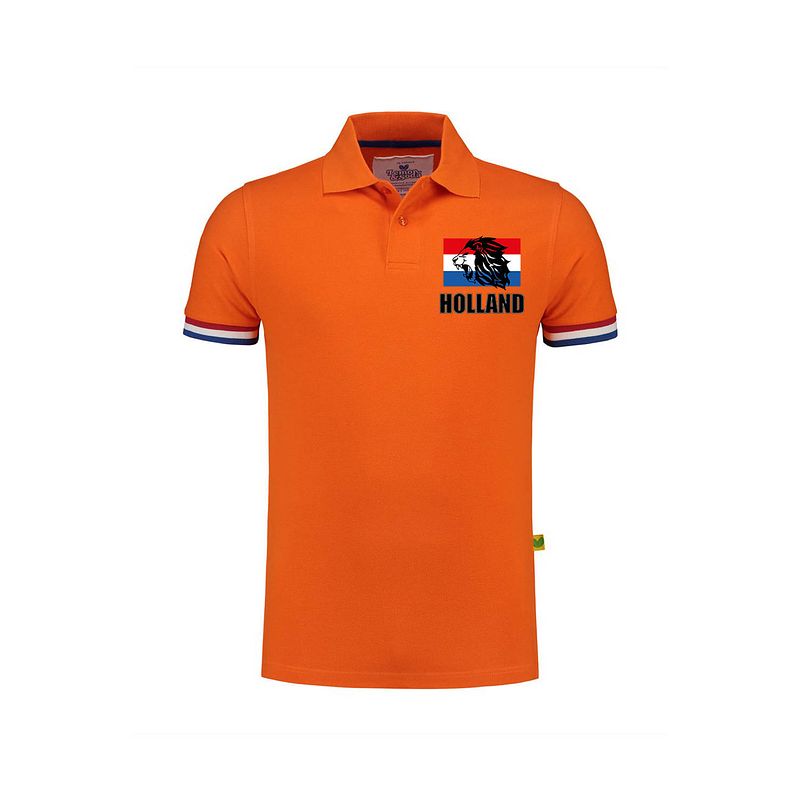 Foto van Holland fan polo t-shirt oranje luxe kwaliteit met vlag en leeuw - 200 grams katoen - heren m - feestshirts