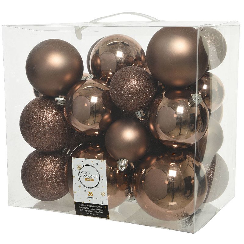 Foto van 26x stuks kunststof kerstballen walnoot bruin 6-8-10 cm glans/mat/glitter - kerstbal