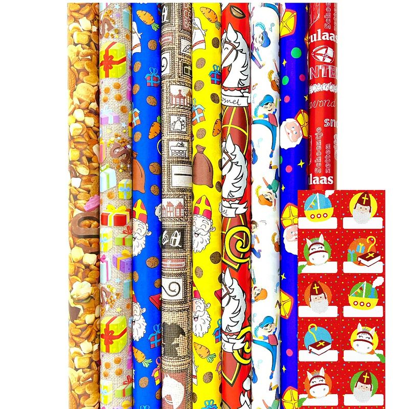 Foto van Sinterklaaspapier inpakpapier sinterklaas cadeaupapier assortiment inc. 40 naamstickers - 300 x 70 cm - 14 rollen