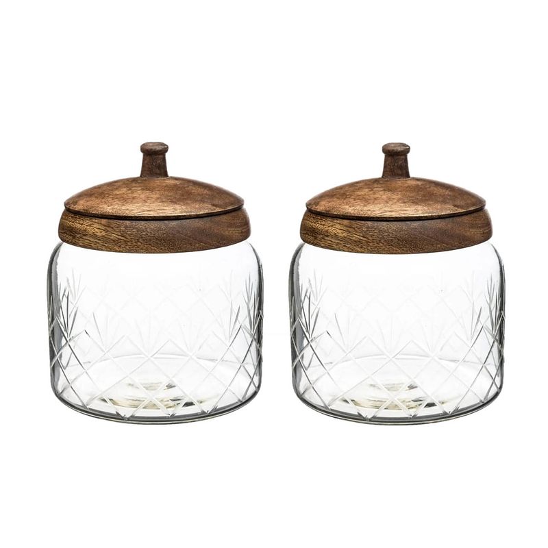 Foto van 2x stuks snoeppotten/voorraadpotten 1,2l glas met houten deksel - voorraadpot