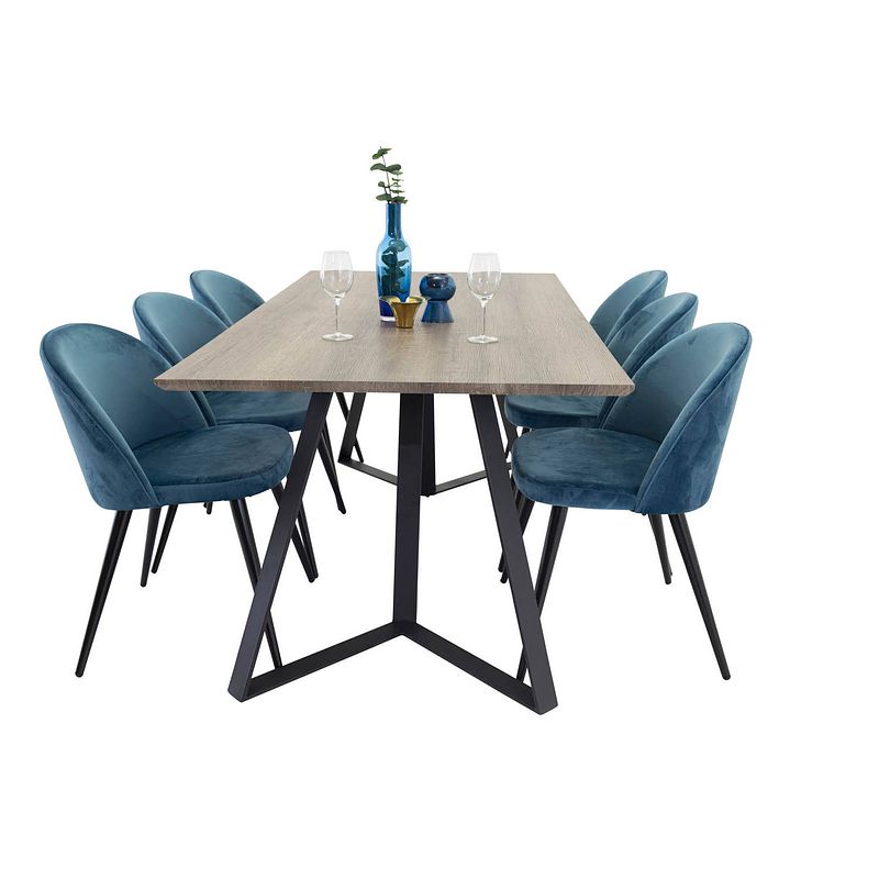 Foto van Marinagrbl eethoek eetkamertafel el hout decor grijs en 6 velvet eetkamerstal velours blauw, zwart.