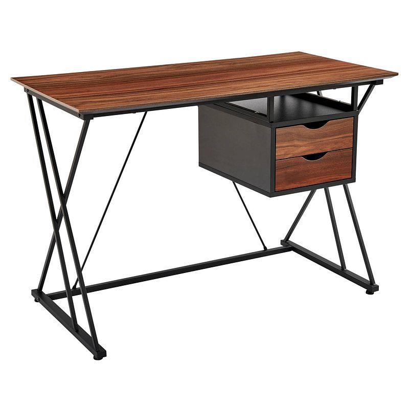 Foto van Acaza bureau met houten blad en metalen frame voor kantoor of studeer kamer, 2 laden, 108 cm lang, bruin