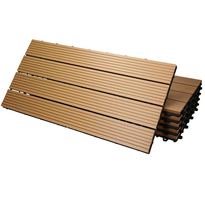Foto van Ecd germany wpc-terras tegels 60x30 cm 12er spar set für 2m² teak in hout look voor tuinbalkonvloeren met afvoer