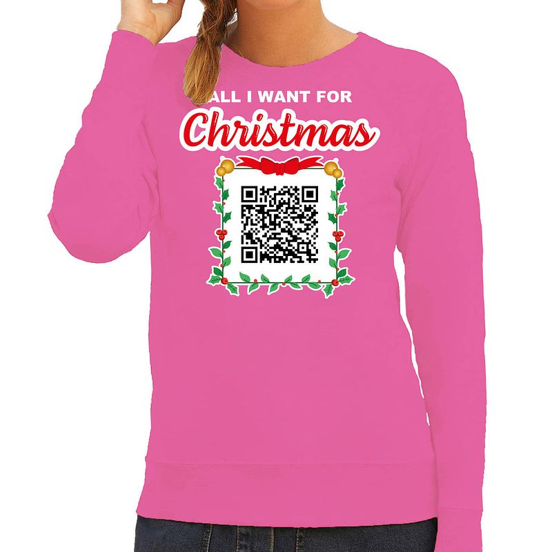 Foto van Bellatio decorations foute kersttrui/sweater dames - qr code - een lekkere gast - roze -kerstsweater l - kerst truien