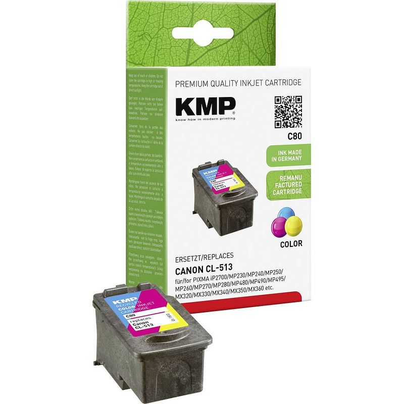 Foto van Kmp inkt vervangt canon cl-513 compatibel cyaan, magenta, geel c80 1512,4530