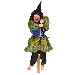 Foto van Halloween decoratie heksen pop op bezem - 44 cm - groen - halloween poppen