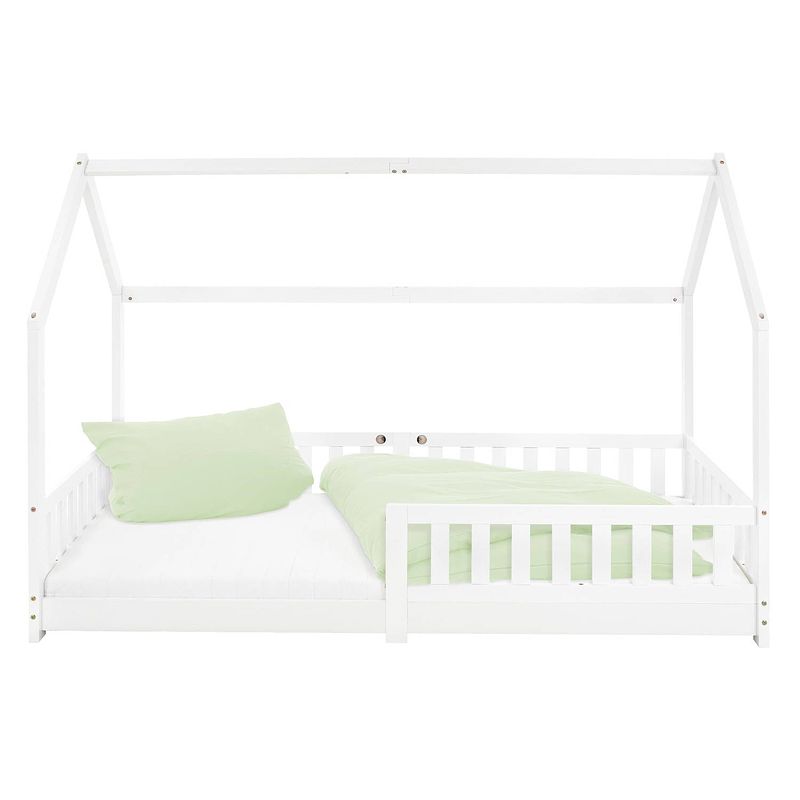 Foto van Kinderbed met uitvalbeveiliging lattenbodem en dak 200x90 cm wit grenen hout ml-design