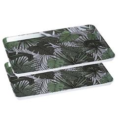 Foto van 2x stuks dienbladen/serveerbladen rechthoekig jungle 45 x 30 cm wit/groen - dienbladen