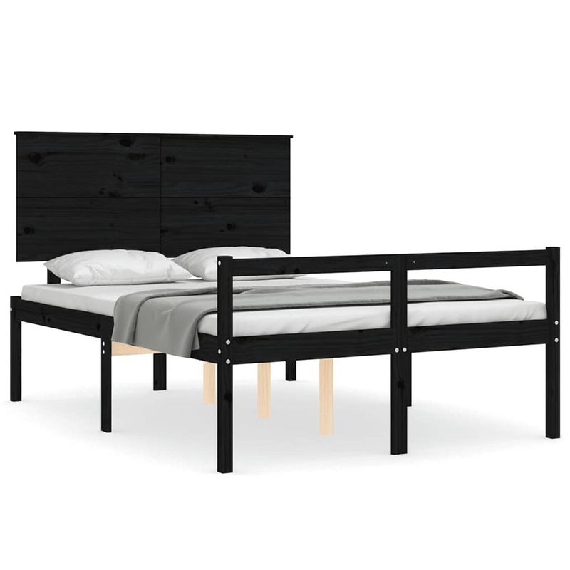 Foto van The living store houten bedframe - grenenhout - 195.5 x 125.5 x 82.5 cm - kleur- zwart