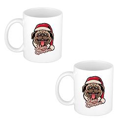 Foto van 4x stuks merry christmas hond kerstmok / kerstbeker wit 300 ml - bekers