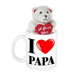 Foto van Vaderdag cadeau i love papa beker / mok 300 ml met beige knuffelbeertje met love hartje - feest mokken