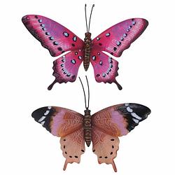 Foto van Set van 2x stuks tuindecoratie muur/wand vlinders van metaal in roestbruin en roze 35 x 24 cm - tuinbeelden