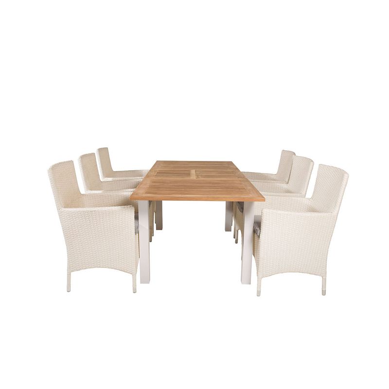 Foto van Panama tuinmeubelset tafel 90x152/210cm en 6 stoel malin wit, naturel.