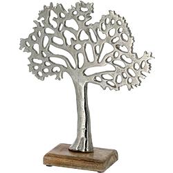 Foto van Decoratie levensboom van aluminium op houten voet 25 cm zilver - beeldjes