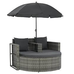 Foto van Vidaxl tuinbank tweezits met kussens en parasol poly rattan grijs