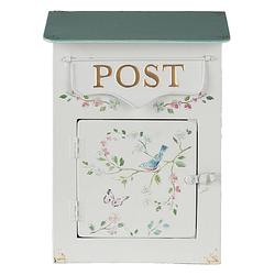 Foto van Haes deco - brievenbus vintage wit / groen metaal met bloemen en vogeltje en tekst ""post"", formaat 22x12x31 cm