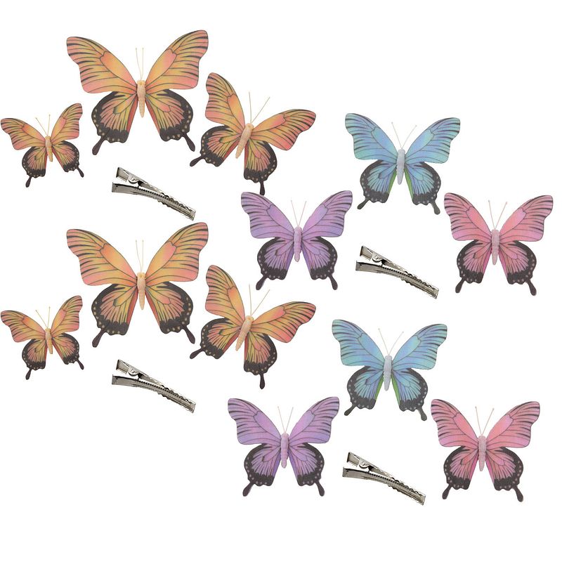 Foto van Othmar decorations decoratie vlinders op clip 12x stuks - paars/blauw/roze/geel - hobbydecoratieobject