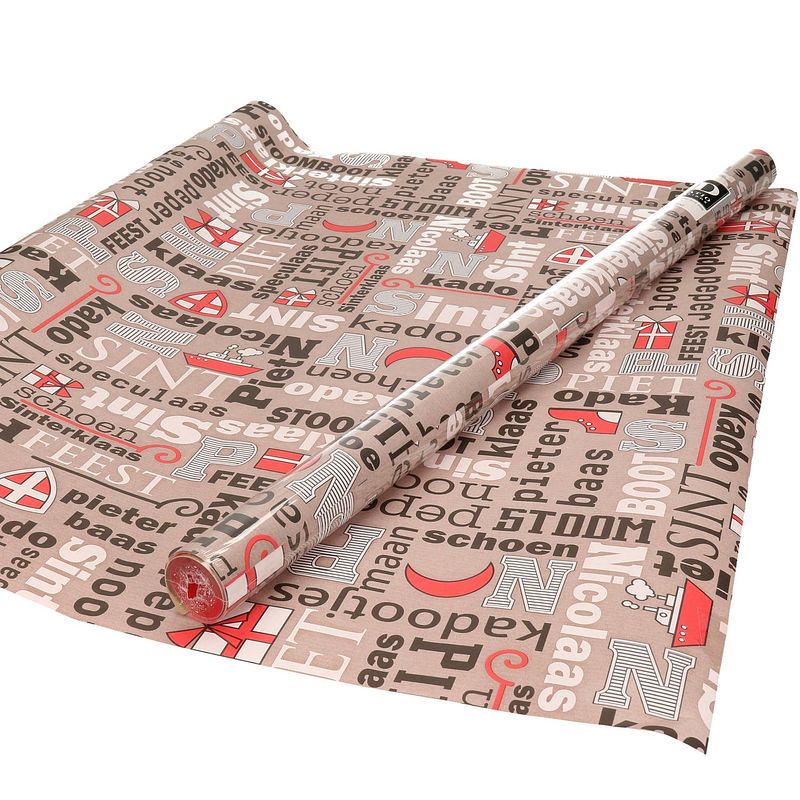 Foto van 3x rollen inpakpapier/cadeaupapier sinterklaas print taupe/rood 2,5 x 0,7 meter 70 grams luxe kwaliteit - cadeaupapier