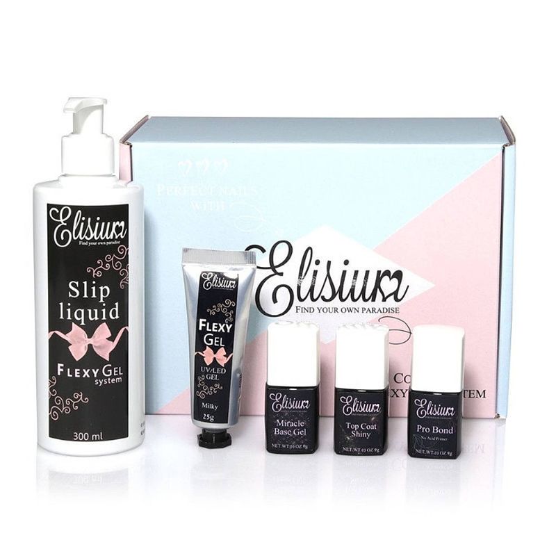 Foto van Startset voor pro bond + miracle base gel + flexygel milky & slip liquid + top coat shiny hybriden