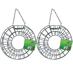 Foto van 2x stuks vogel voedersilo voor vetbollen rond metaal groen 25 cm - vogel voedersilo