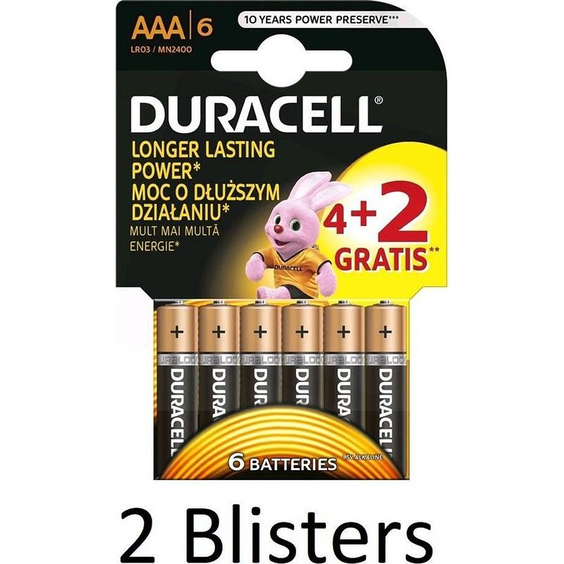 Foto van 12 stuks (2 blisters a 6 st) duracell batterijen aaa