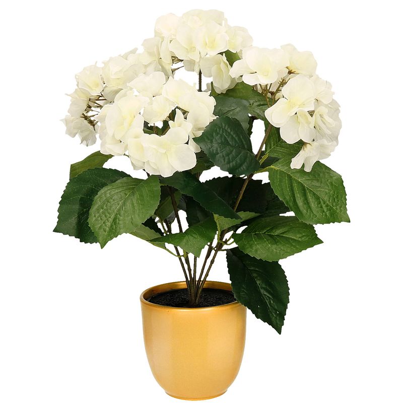 Foto van Hortensia kunstplant/kunstbloemen 40 cm - wit - in pot okergeel glans - kunstplanten