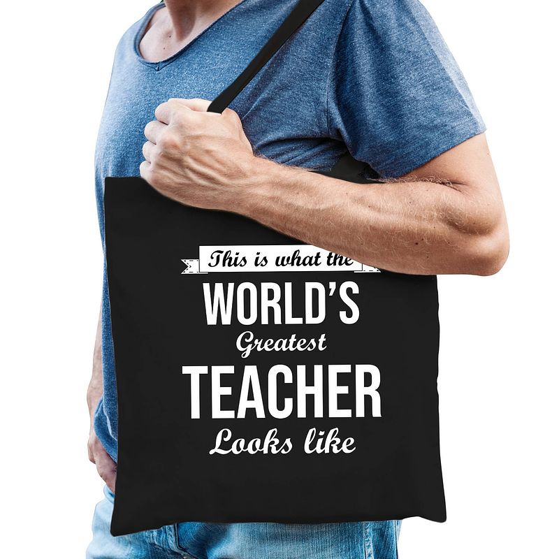 Foto van Worlds greatest teacher leraar cadeau tas zwart voor heren - feest boodschappentassen