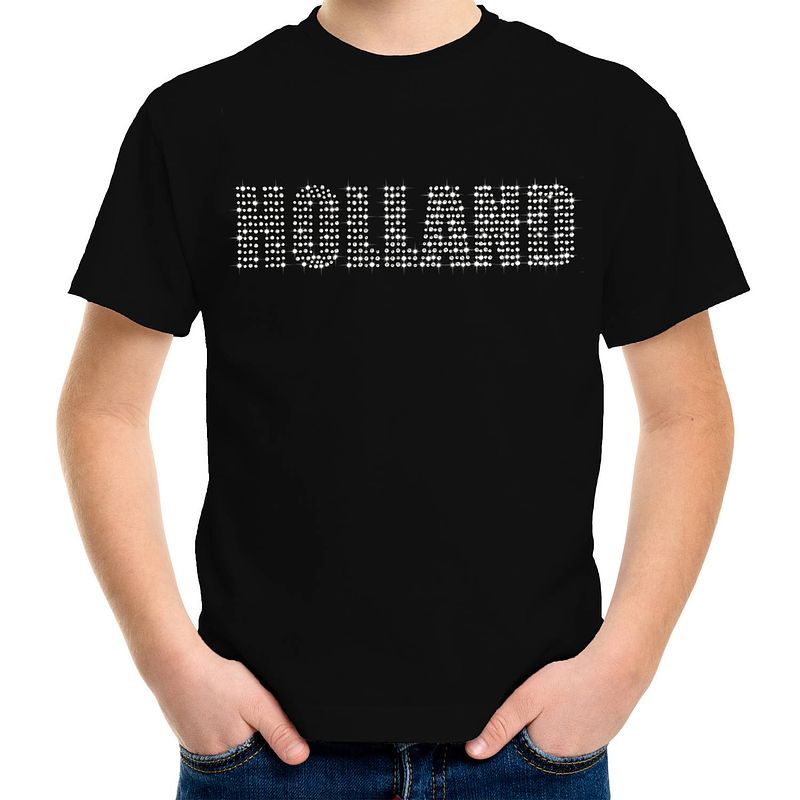 Foto van Glitter holland t-shirt zwart rhinestone steentjes voor kinderen nederland supporter ek/ wk m - feestshirts