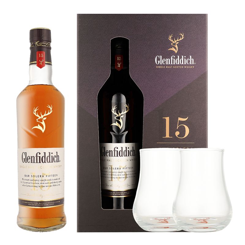Foto van Glenfiddich 15 years solera + 2 glazen 70cl whisky