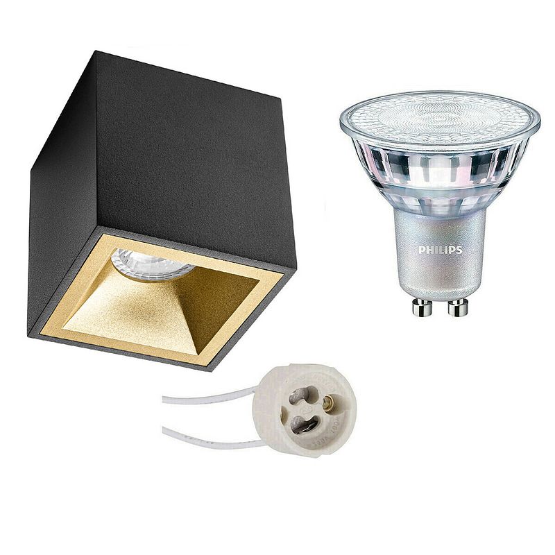 Foto van Opbouwspot set - pragmi cliron pro - gu10 fitting - opbouw vierkant - mat zwart/goud - verdiept - 90mm - philips -