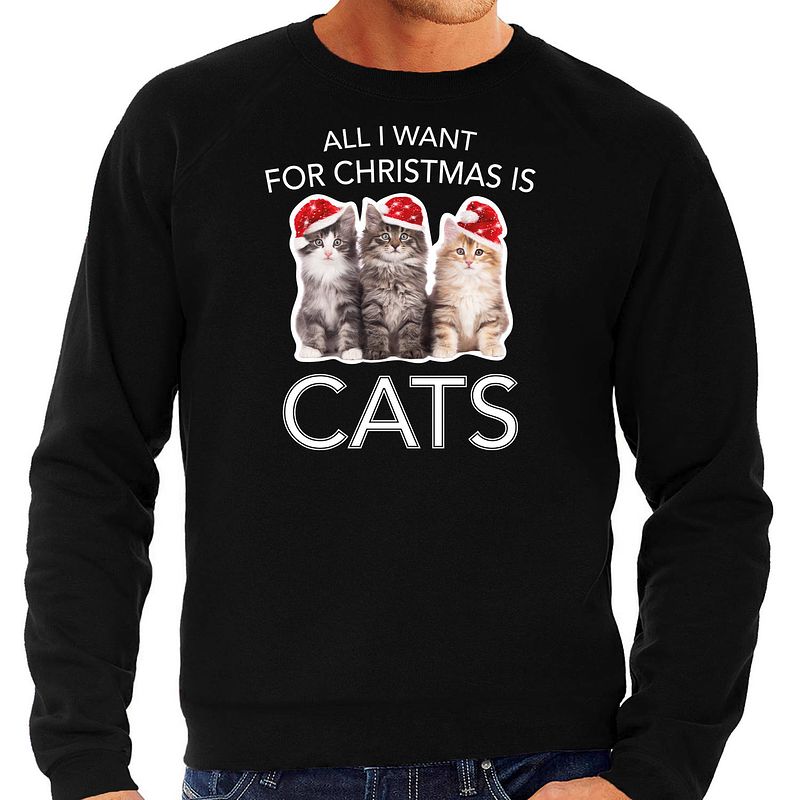 Foto van Zwarte kersttrui / kerstkleding all i want for christmas is cats voor heren 2xl - kerst truien