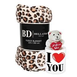 Foto van Valentijn cadeau set - fleece plaid/deken luipaard print met i love you mok en beertje - plaids