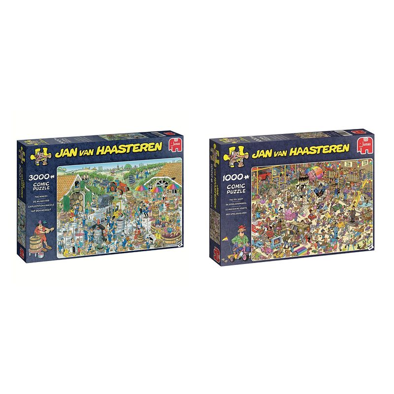 Foto van Jan van haasteren - puzzelset - de wijnmakerij 3000 stukjes & speelgoedwinkel 1000 stukjes