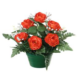 Foto van Louis maes kunstbloemen plantje in pot - rood - 25 cm - bloemstuk ornament - rozen met bladgroen - kunstbloemen